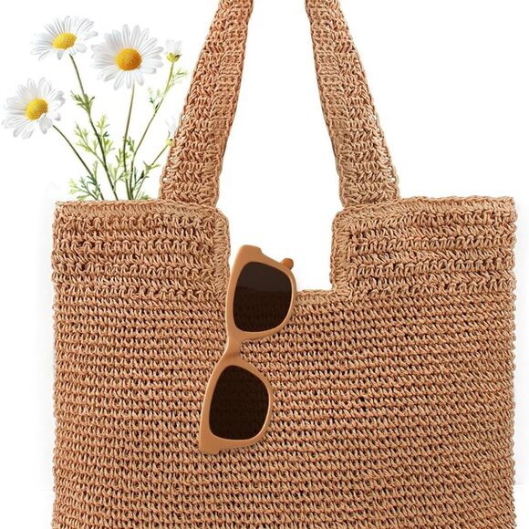 Women Beach Bag Boho Straw Tote Large Leak-Proof Lining Travel Purse - Picture 1 of 7